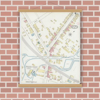 Old map wall art mockup — magnetic wood frame on brick wall — Sanborn Fire Insurance Map from Bristol, Bucks County, Pennsylvania (1894), Sheet #0002