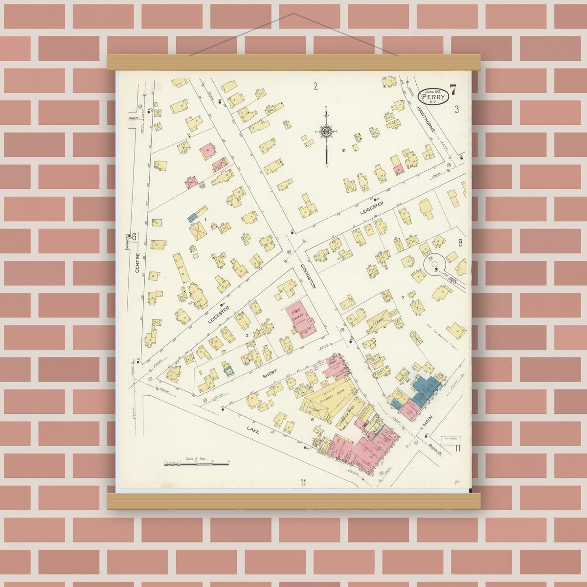 Old map wall art mockup — magnetic wood frame on brick wall — Sanborn Fire Insurance Map from Perry, Wyoming County, New York (1913), Sheet #0007
