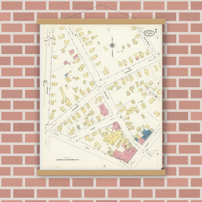 Old map wall art mockup — magnetic wood frame on brick wall — Sanborn Fire Insurance Map from Perry, Wyoming County, New York (1913), Sheet #0007