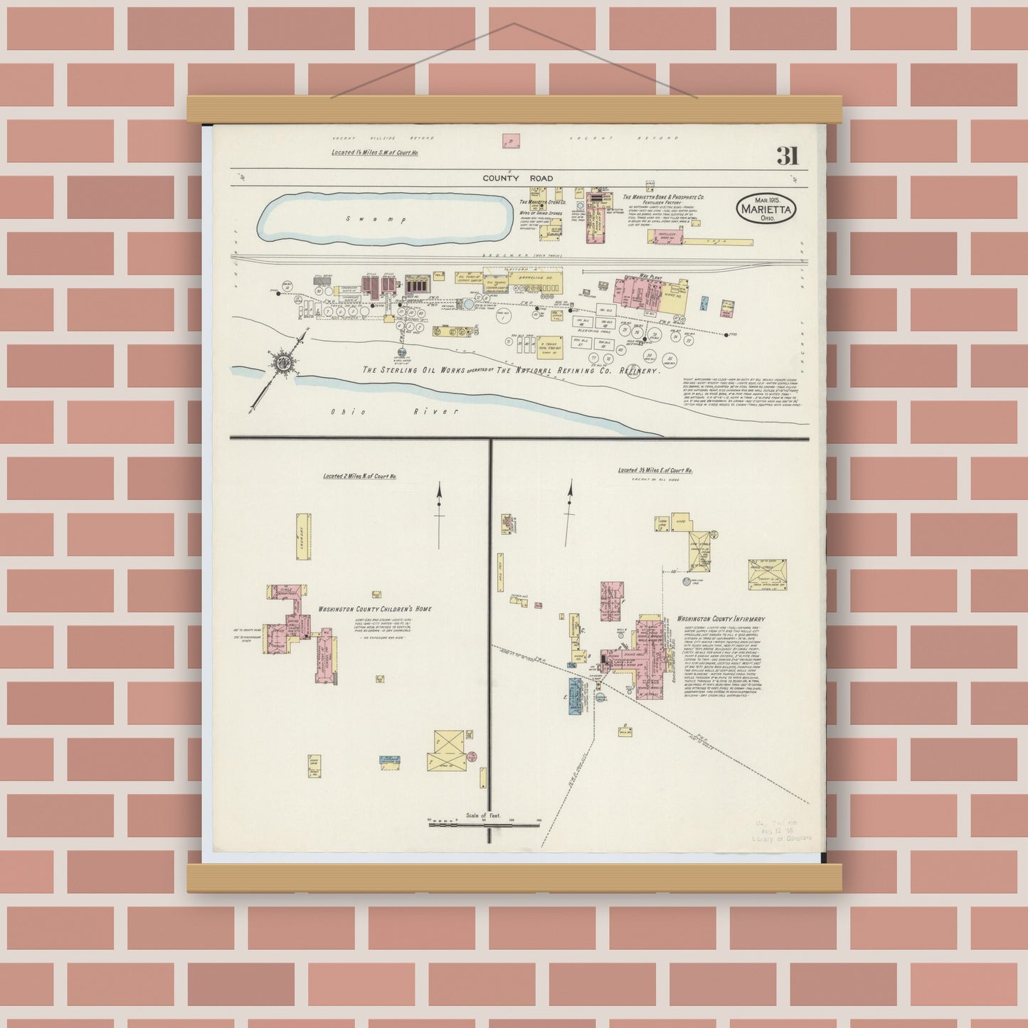 Old map wall art mockup — magnetic wood frame on brick wall — Sanborn Fire Insurance Map from Marietta, Washington County, Ohio (1915), Sheet #0031
