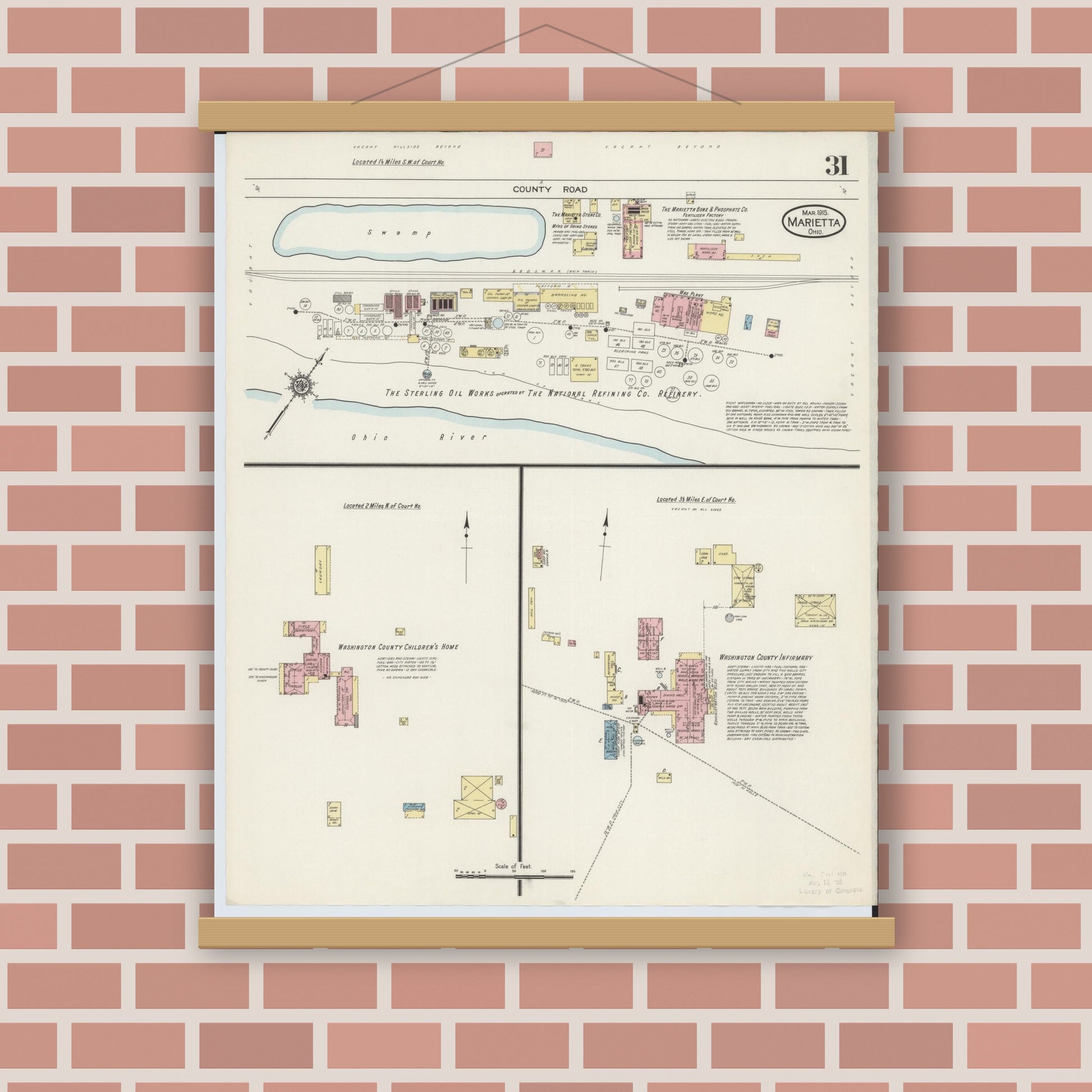 Old map wall art mockup — magnetic wood frame on brick wall — Sanborn Fire Insurance Map from Marietta, Washington County, Ohio (1915), Sheet #0031
