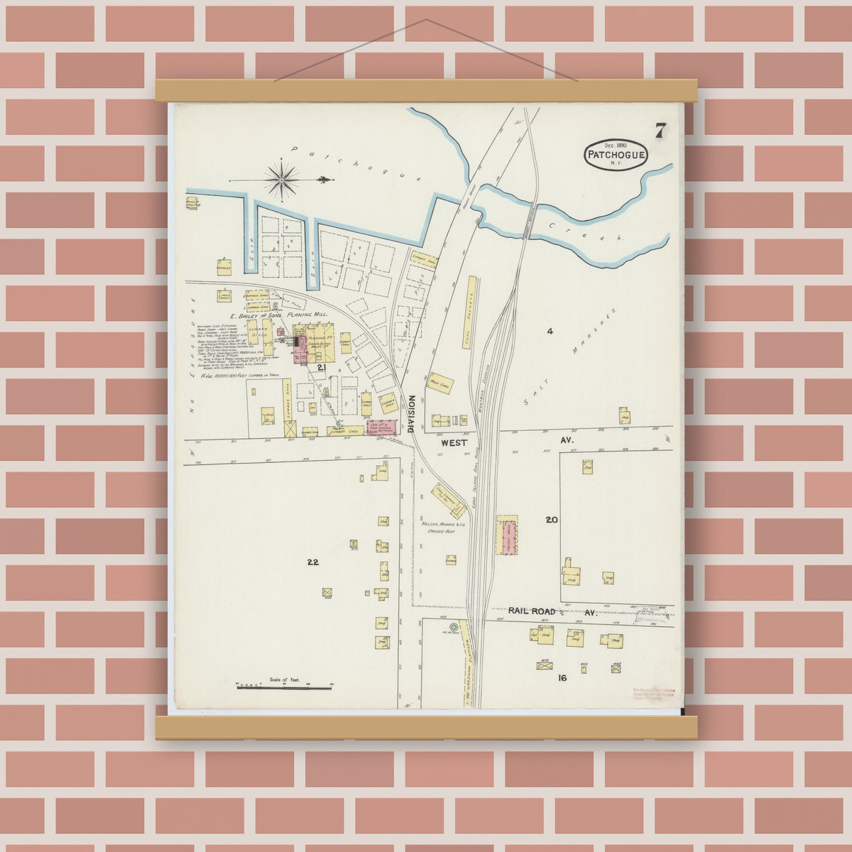Old map wall art mockup — magnetic wood frame on brick wall — Sanborn Fire Insurance Map from Patchogue, Suffolk County, New York (1891), Sheet #0007