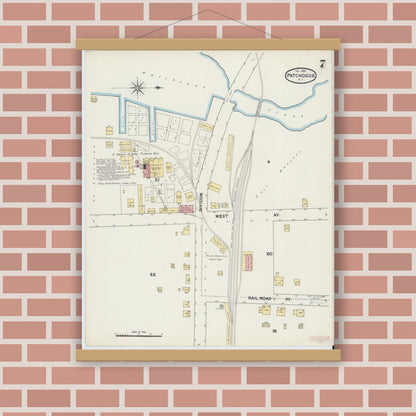 Old map wall art mockup — magnetic wood frame on brick wall — Sanborn Fire Insurance Map from Patchogue, Suffolk County, New York (1891), Sheet #0007