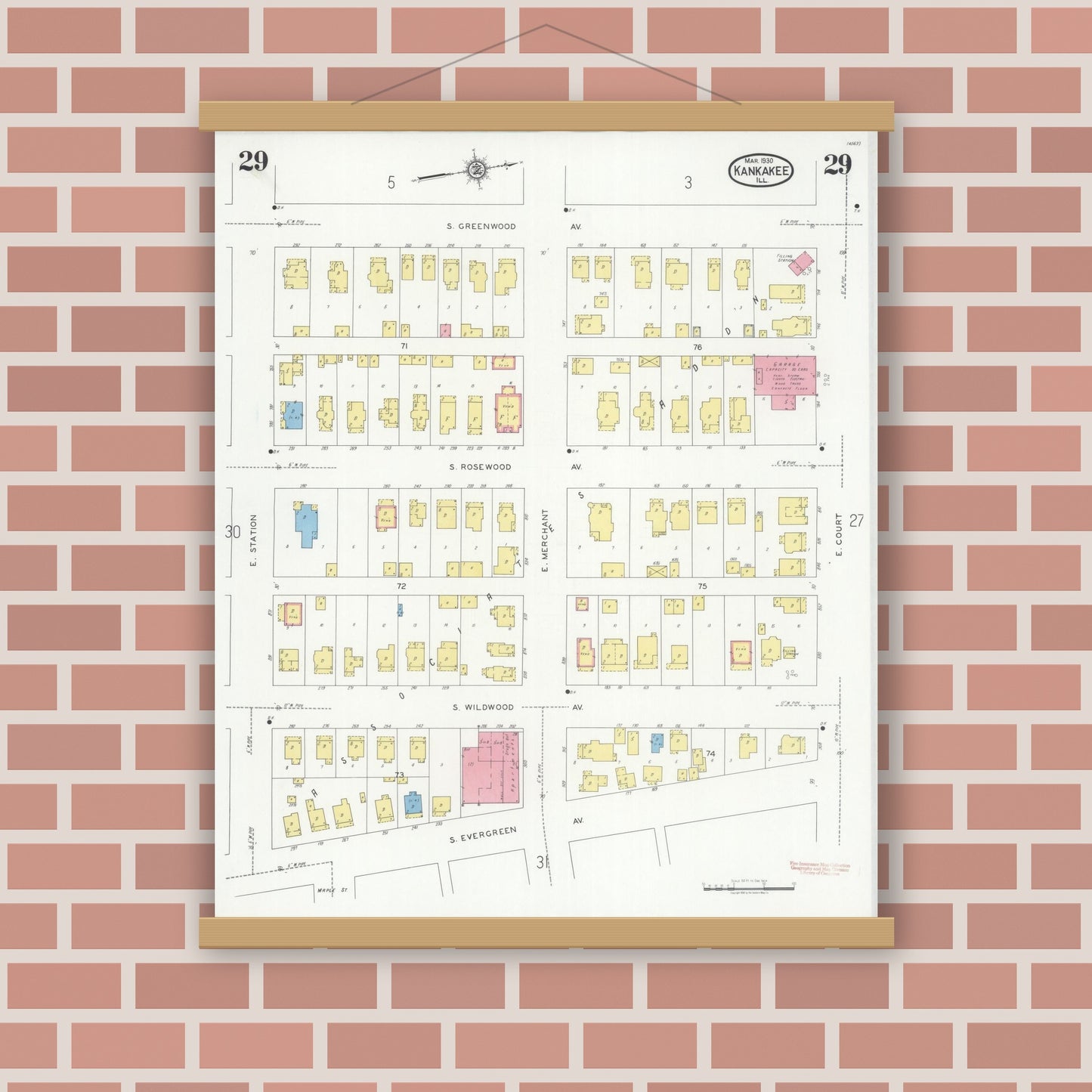 Old map wall art mockup — magnetic wood frame on brick wall — Sanborn Fire Insurance Map from Kankakee, Kankakee County, Illinois (1930), Sheet #0029