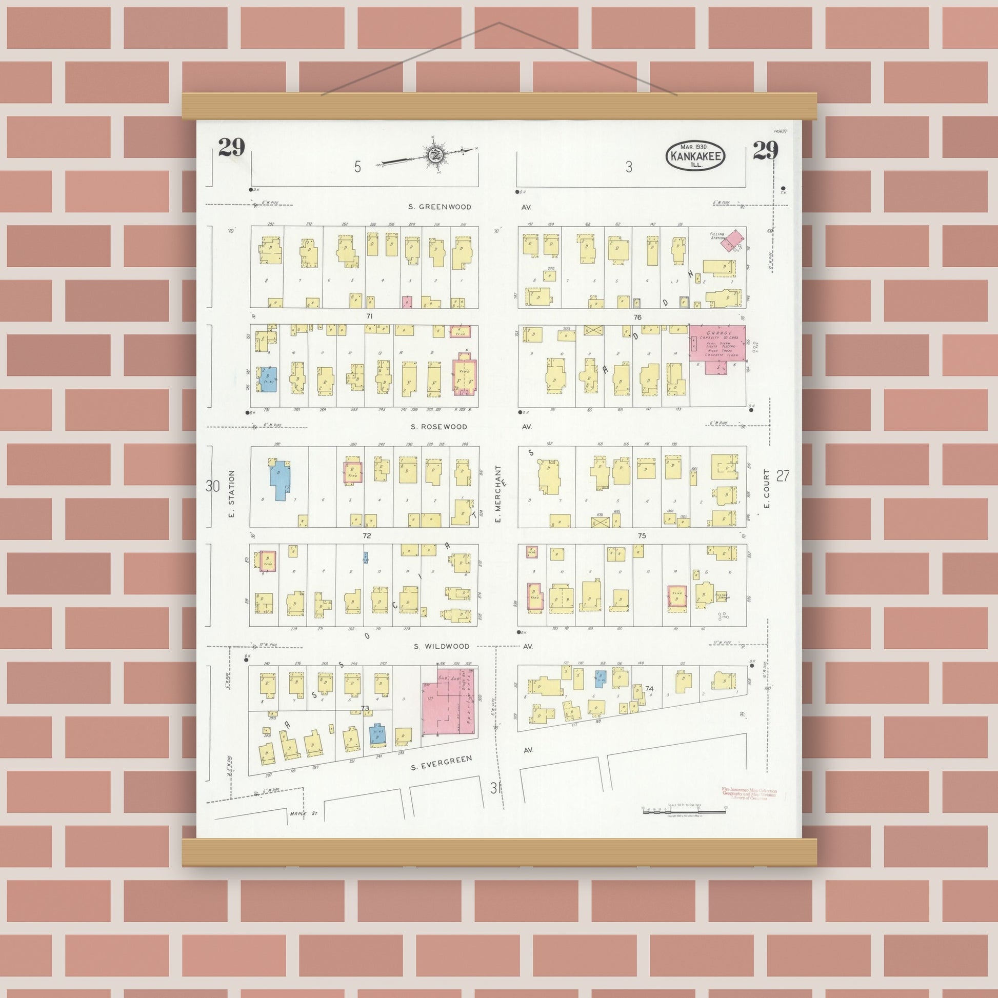 Old map wall art mockup — magnetic wood frame on brick wall — Sanborn Fire Insurance Map from Kankakee, Kankakee County, Illinois (1930), Sheet #0029