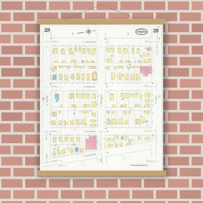 Old map wall art mockup — magnetic wood frame on brick wall — Sanborn Fire Insurance Map from Kankakee, Kankakee County, Illinois (1930), Sheet #0029
