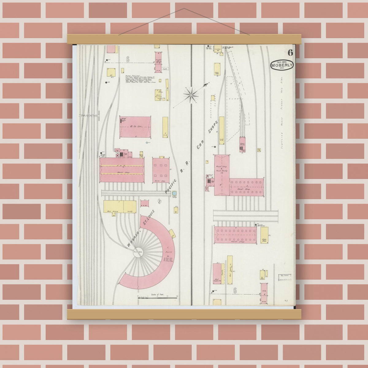 Old map wall art mockup — magnetic wood frame on brick wall — Sanborn Fire Insurance Map from Moberly, Randolph County, Missouri (1893), Sheet #0006