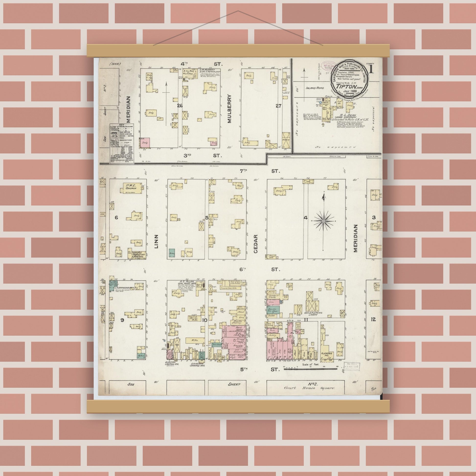 Old map wall art mockup — magnetic wood frame on brick wall — Sanborn Fire Insurance Map from Tipton, Cedar County, Iowa (1888), Sheet #0001