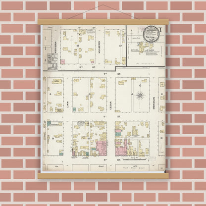 Old map wall art mockup — magnetic wood frame on brick wall — Sanborn Fire Insurance Map from Tipton, Cedar County, Iowa (1888), Sheet #0001
