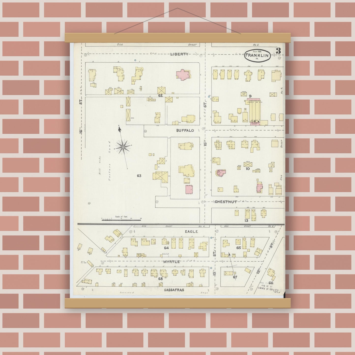 Old map wall art mockup — magnetic wood frame on brick wall — Sanborn Fire Insurance Map from Franklin, Venango County, Pennsylvania (1891), Sheet #0003