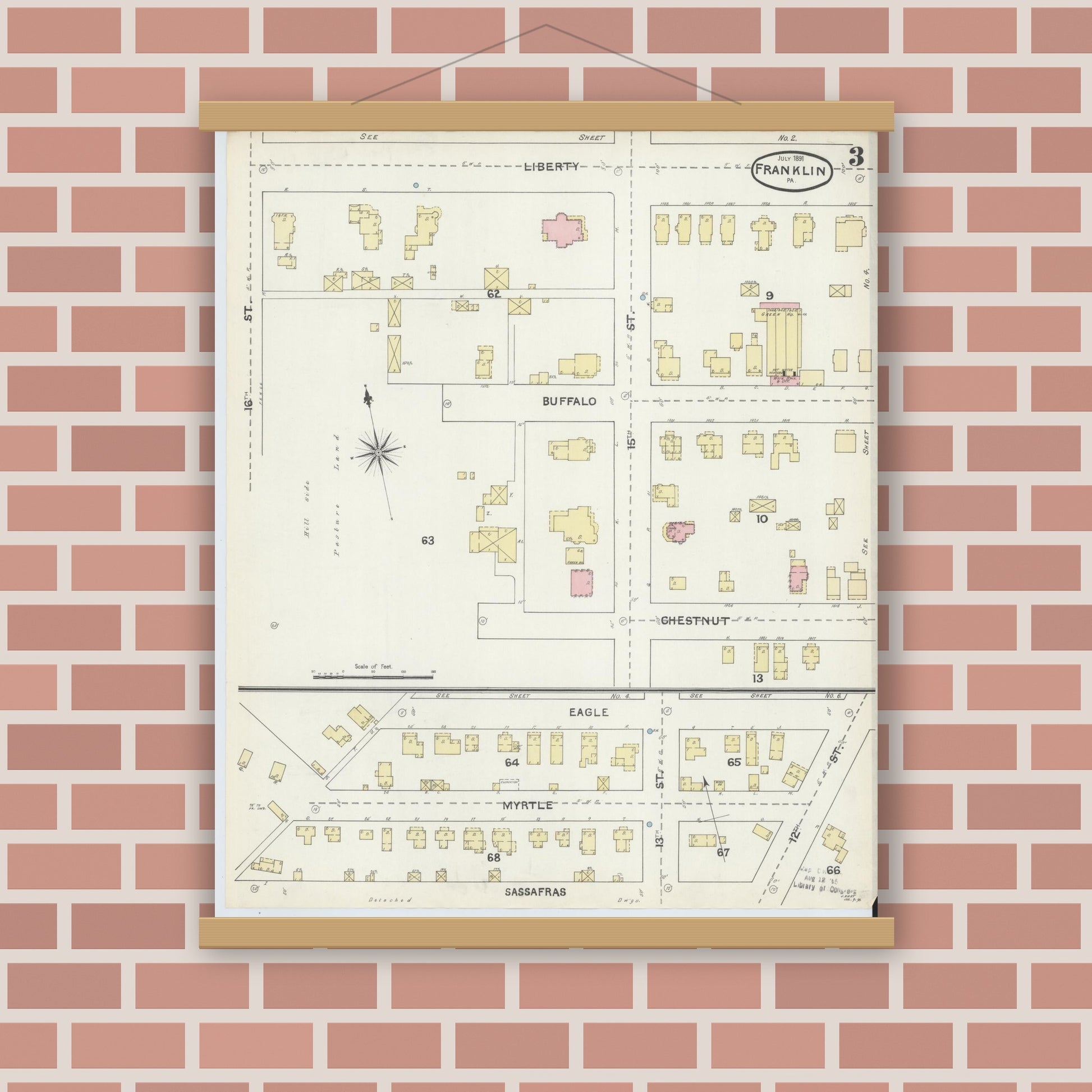 Old map wall art mockup — magnetic wood frame on brick wall — Sanborn Fire Insurance Map from Franklin, Venango County, Pennsylvania (1891), Sheet #0003