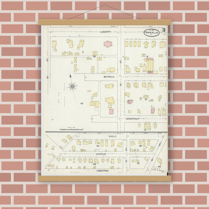 Old map wall art mockup — magnetic wood frame on brick wall — Sanborn Fire Insurance Map from Franklin, Venango County, Pennsylvania (1891), Sheet #0003
