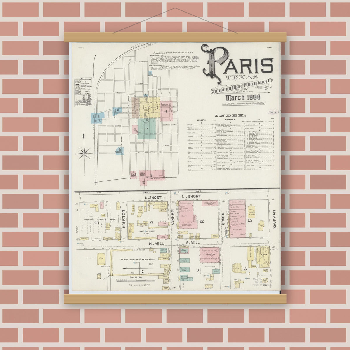 Old map wall art mockup — magnetic wood frame on brick wall — Sanborn Fire Insurance Map from Paris, Lamar County, Texas (1888) - Complete Map Set