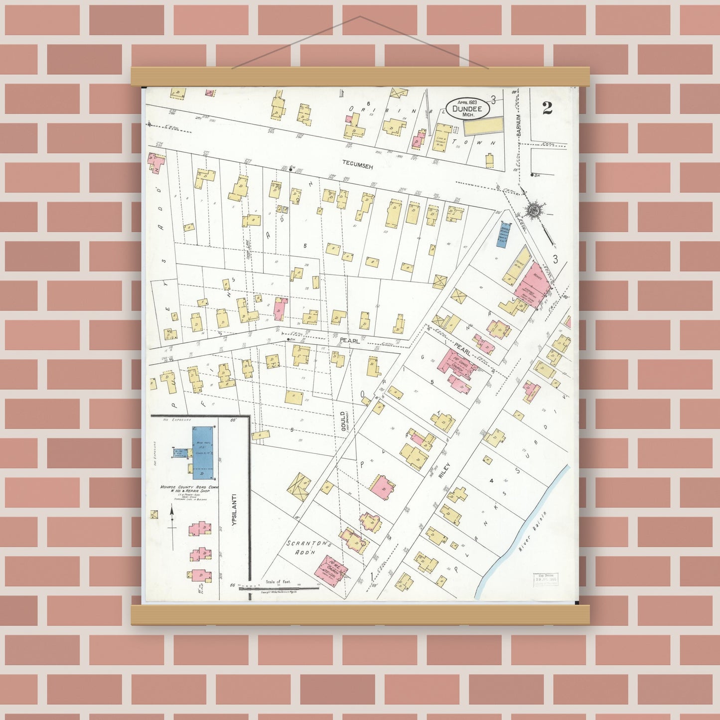 Old map wall art mockup — magnetic wood frame on brick wall — Sanborn Fire Insurance Map from Dundee, Monroe County, Michigan (1923), Sheet #0002