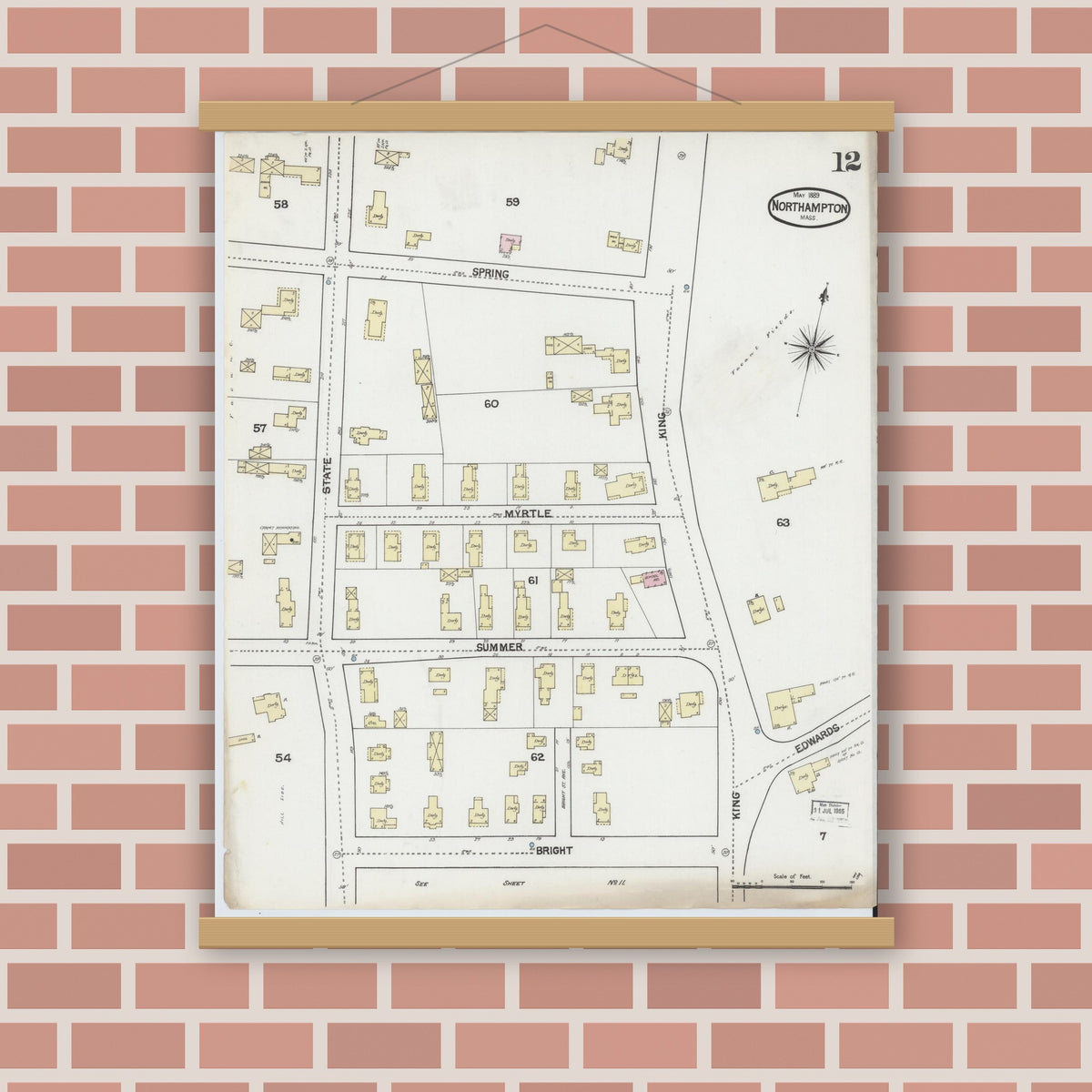 Old map wall art mockup — magnetic wood frame on brick wall — Sanborn Fire Insurance Map from Northampton, Hampshire County, Massachusetts (1889), Sheet #0012