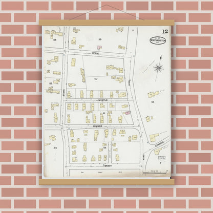 Old map wall art mockup — magnetic wood frame on brick wall — Sanborn Fire Insurance Map from Northampton, Hampshire County, Massachusetts (1889), Sheet #0012