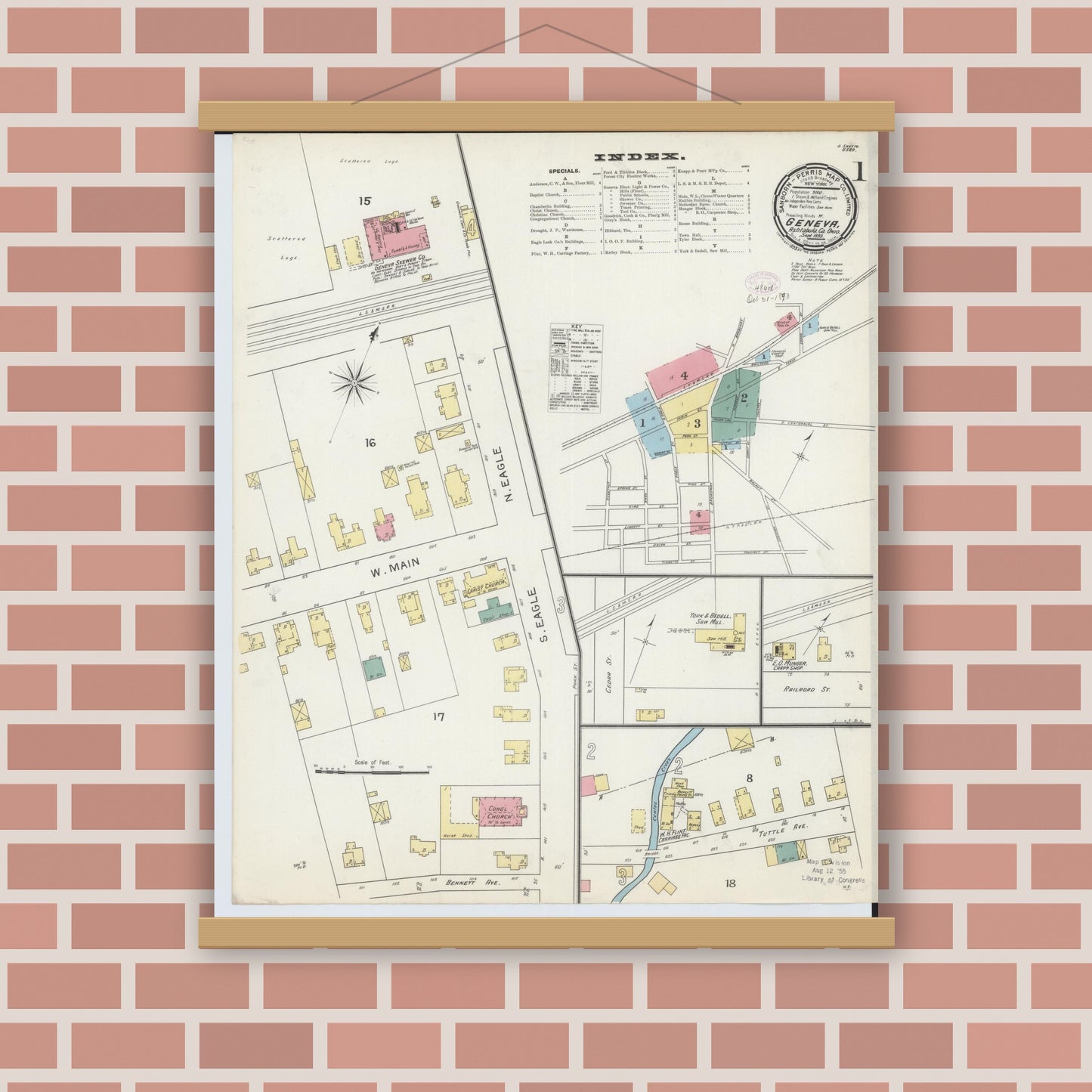 Old map wall art mockup — magnetic wood frame on brick wall — Sanborn Fire Insurance Map from Geneva, Ashtabula County, Ohio (1893), Sheet #0001