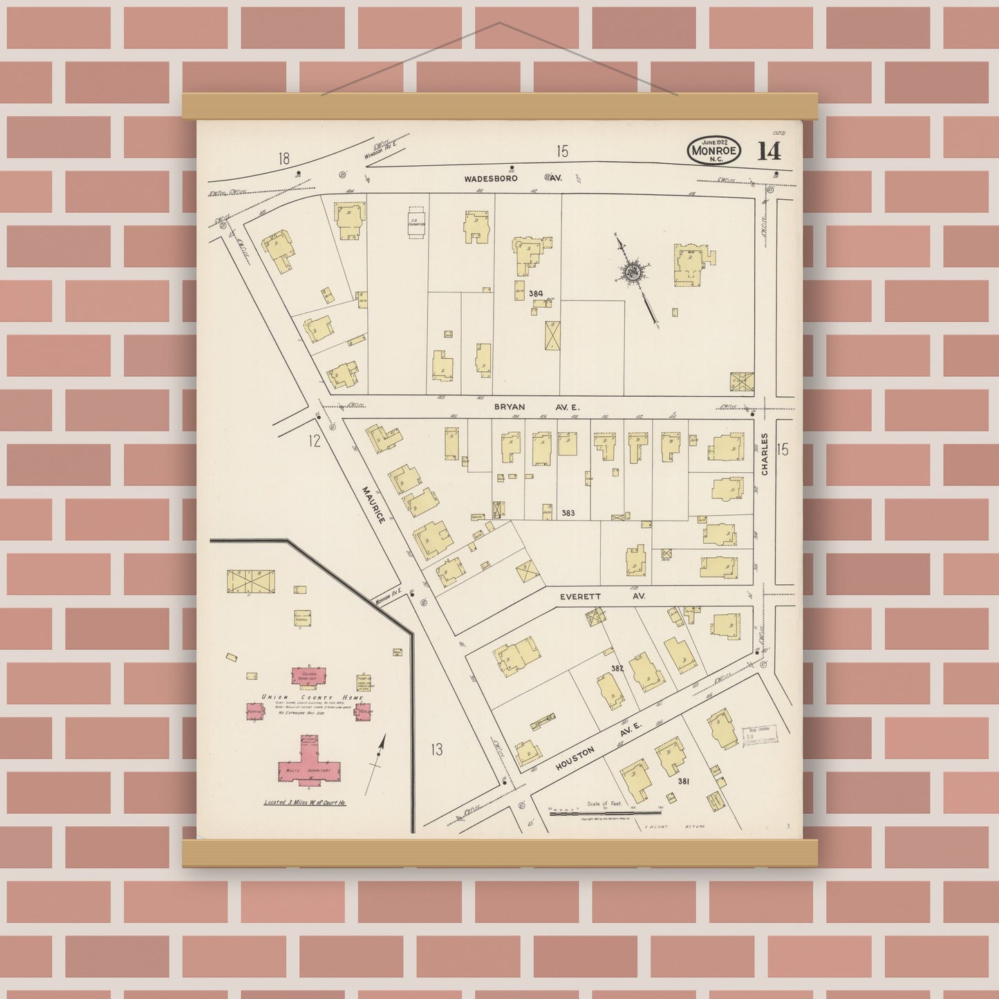 Old map wall art mockup — magnetic wood frame on brick wall — Sanborn Fire Insurance Map from Monroe, Union County, North Carolina (1922), Sheet #0014