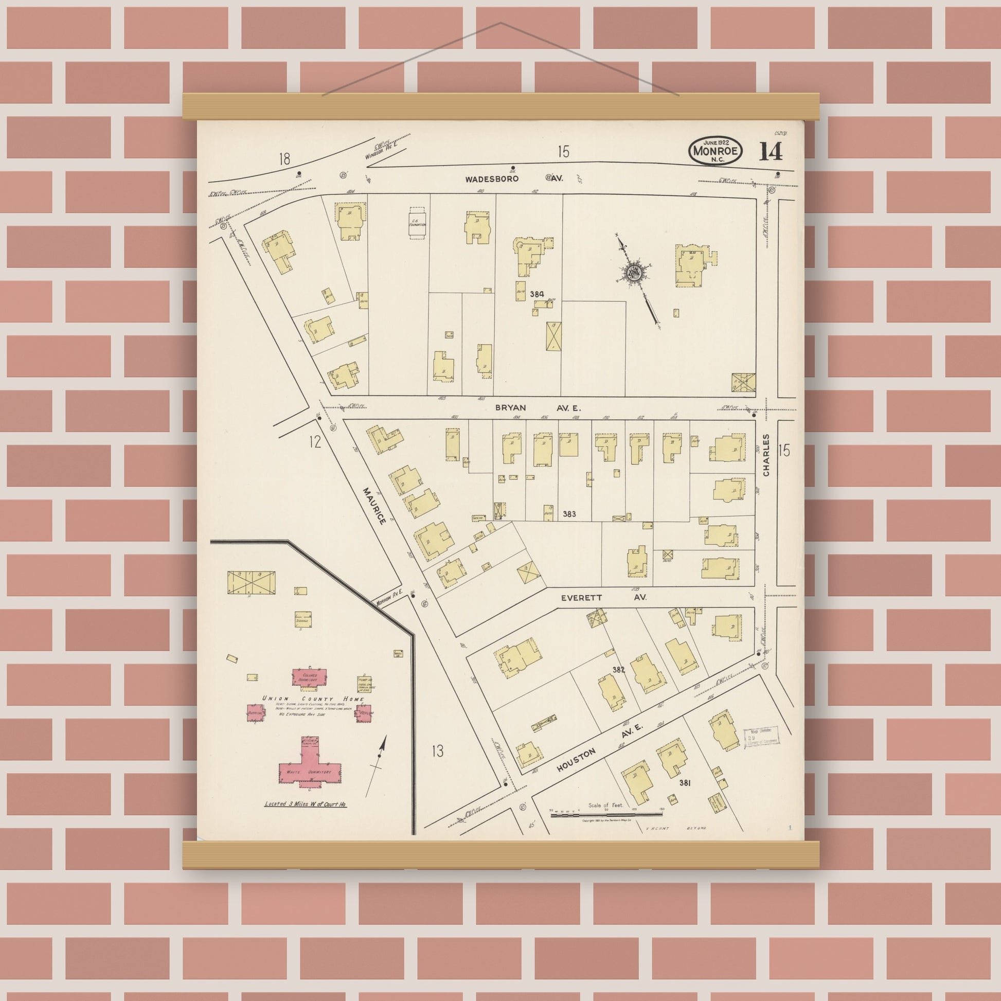 Old map wall art mockup — magnetic wood frame on brick wall — Sanborn Fire Insurance Map from Monroe, Union County, North Carolina (1922), Sheet #0014
