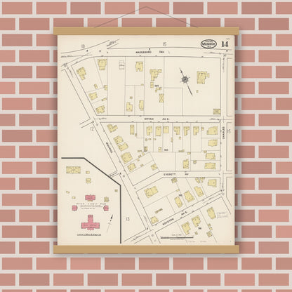 Old map wall art mockup — magnetic wood frame on brick wall — Sanborn Fire Insurance Map from Monroe, Union County, North Carolina (1922), Sheet #0014