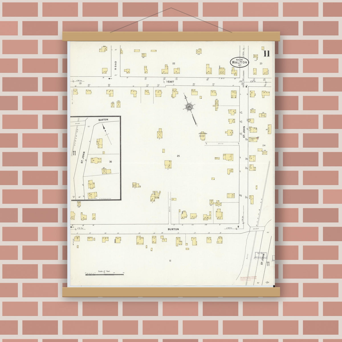Old map wall art mockup — magnetic wood frame on brick wall — Sanborn Fire Insurance Map from Walton, Delaware County, New York (1911), Sheet #0011