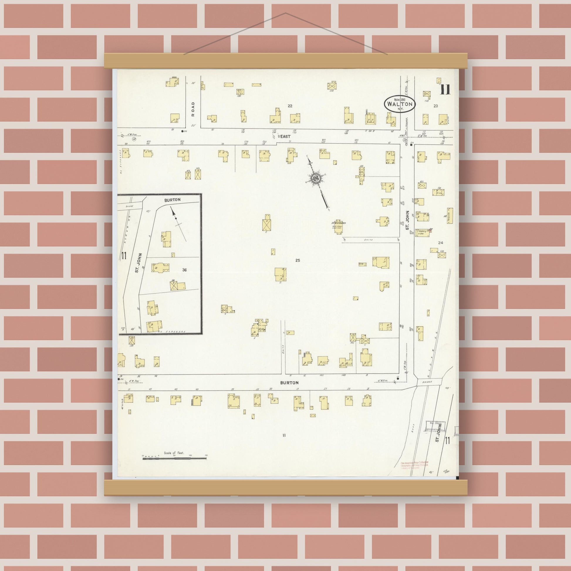 Old map wall art mockup — magnetic wood frame on brick wall — Sanborn Fire Insurance Map from Walton, Delaware County, New York (1911), Sheet #0011
