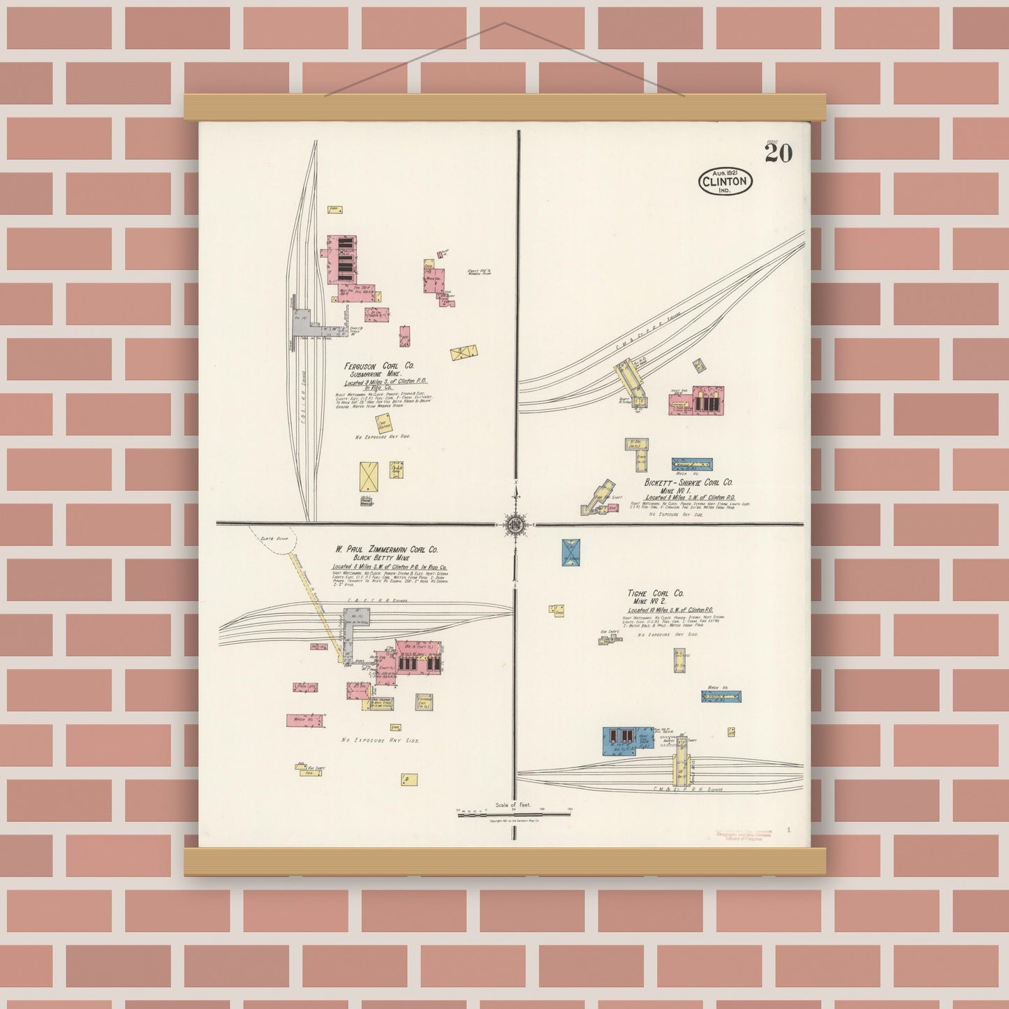 Old map wall art mockup — magnetic wood frame on brick wall — Sanborn Fire Insurance Map from Clinton, Vermillion County, Indiana (1921), Sheet #0020