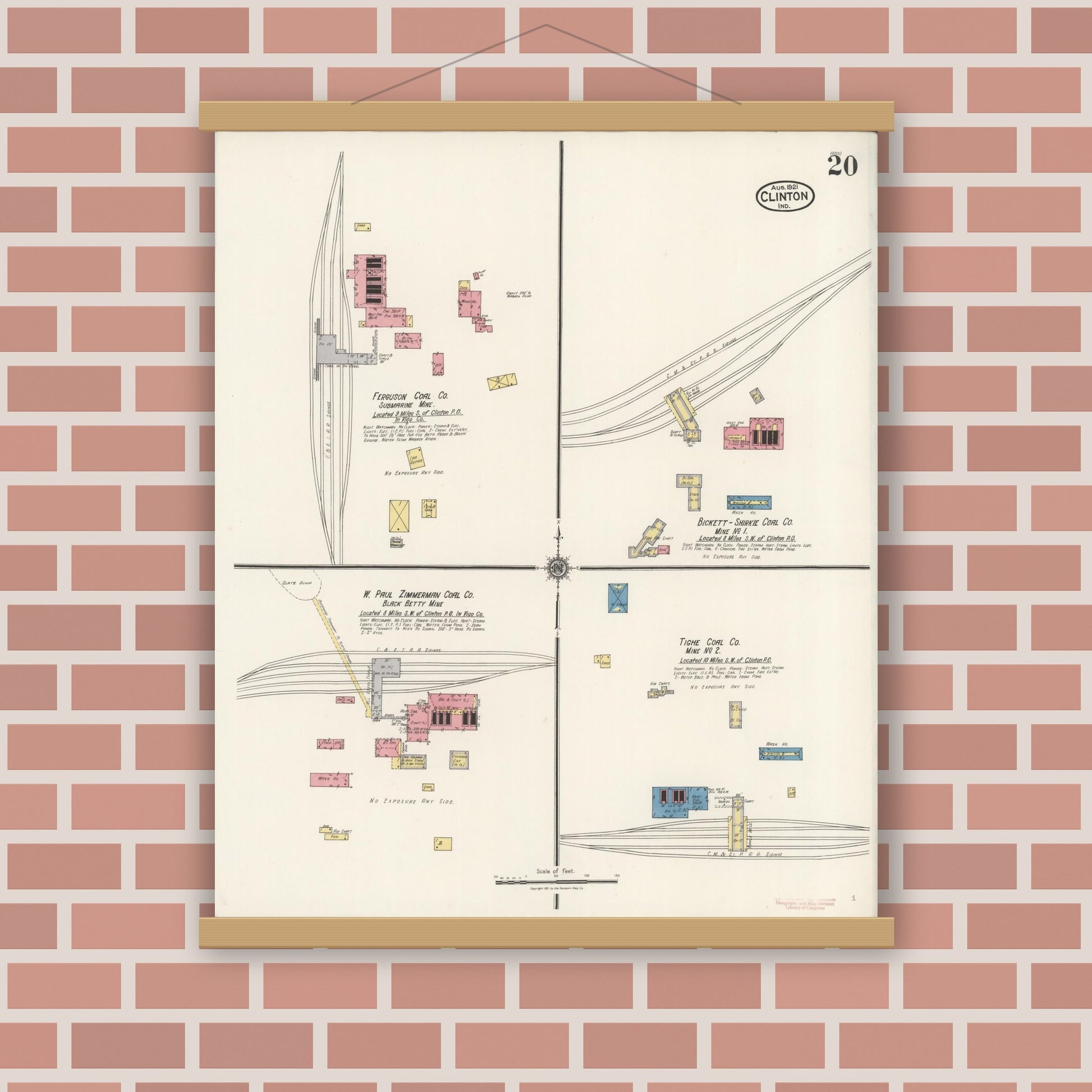 Old map wall art mockup — magnetic wood frame on brick wall — Sanborn Fire Insurance Map from Clinton, Vermillion County, Indiana (1921), Sheet #0020