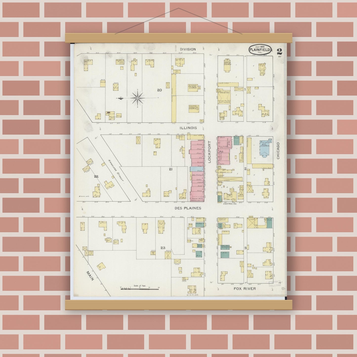 Old map wall art mockup — magnetic wood frame on brick wall — Sanborn Fire Insurance Map from Plainfield, Will County, Illinois (1893), Sheet #0002