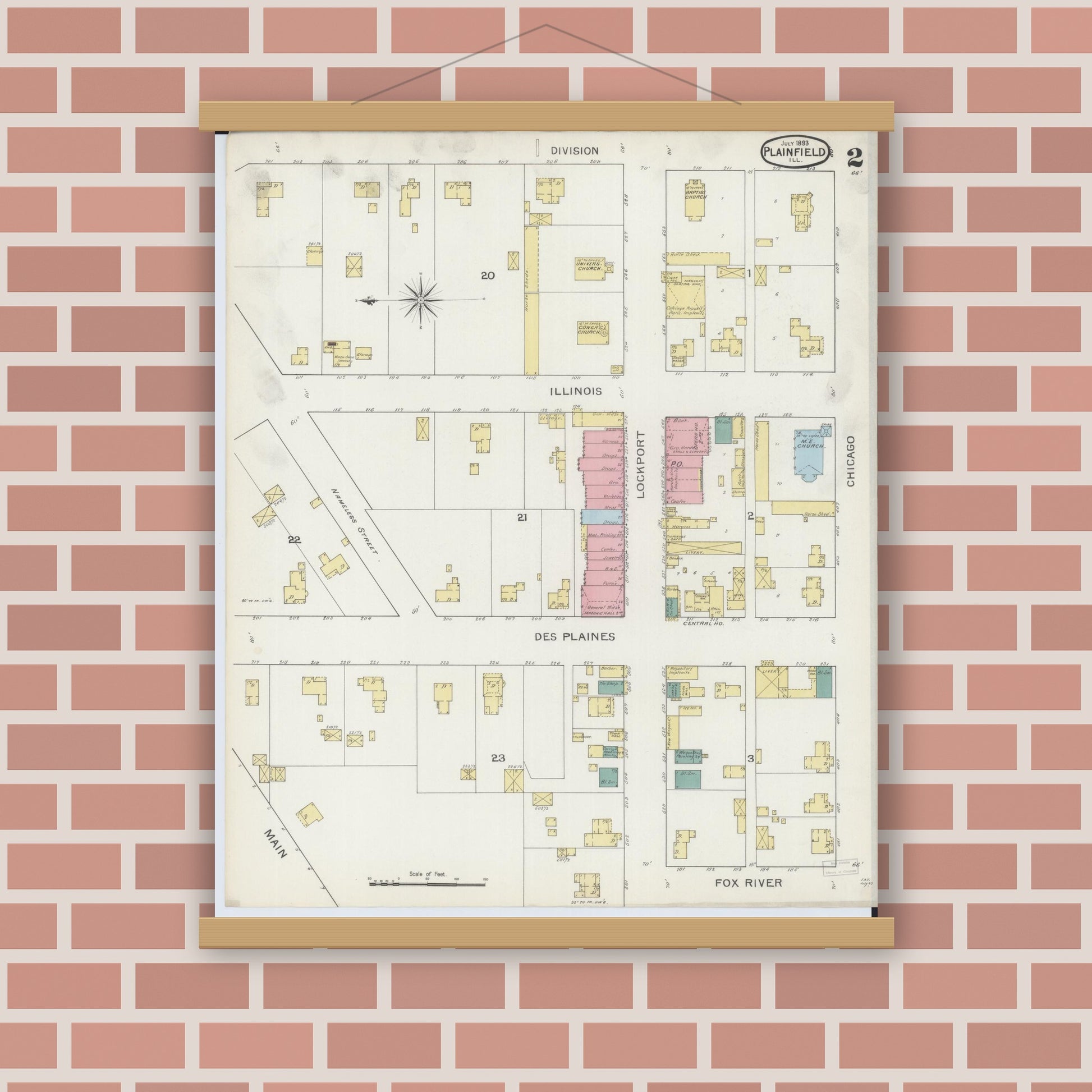 Old map wall art mockup — magnetic wood frame on brick wall — Sanborn Fire Insurance Map from Plainfield, Will County, Illinois (1893), Sheet #0002