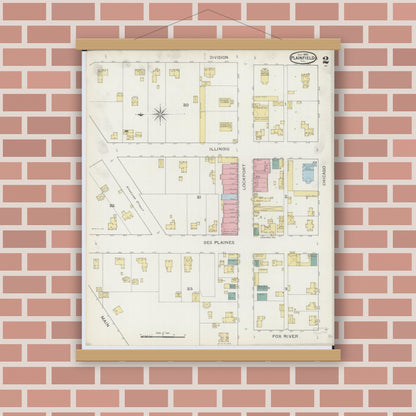 Old map wall art mockup — magnetic wood frame on brick wall — Sanborn Fire Insurance Map from Plainfield, Will County, Illinois (1893), Sheet #0002