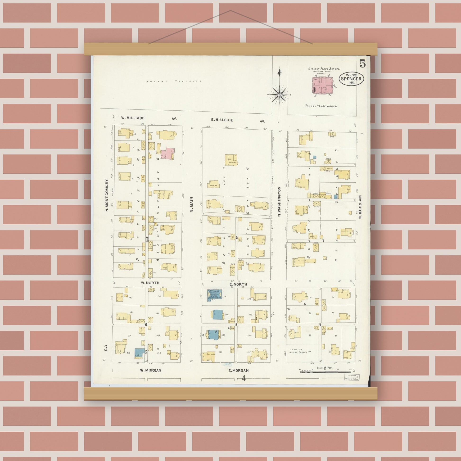 Old map wall art mockup — magnetic wood frame on brick wall — Sanborn Fire Insurance Map from Spencer, Owen County, Indiana (1907), Sheet #0005