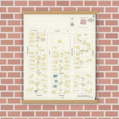 Old map wall art mockup — magnetic wood frame on brick wall — Sanborn Fire Insurance Map from Spencer, Owen County, Indiana (1907), Sheet #0005