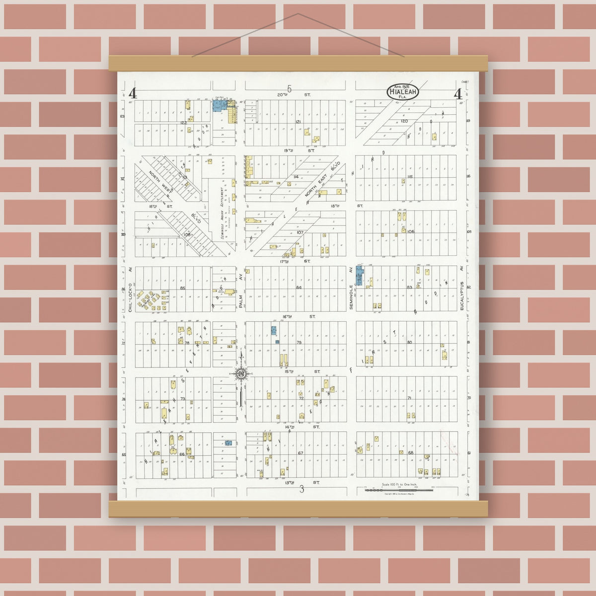 Old map wall art mockup — magnetic wood frame on brick wall — Sanborn Fire Insurance Map from Hialeah, Dade County, Florida (1926), Sheet #0004