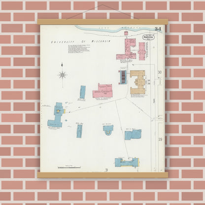 Old map wall art mockup — magnetic wood frame on brick wall — Sanborn Fire Insurance Map from Madison, Dane County, Wisconsin (1902), Sheet #0034