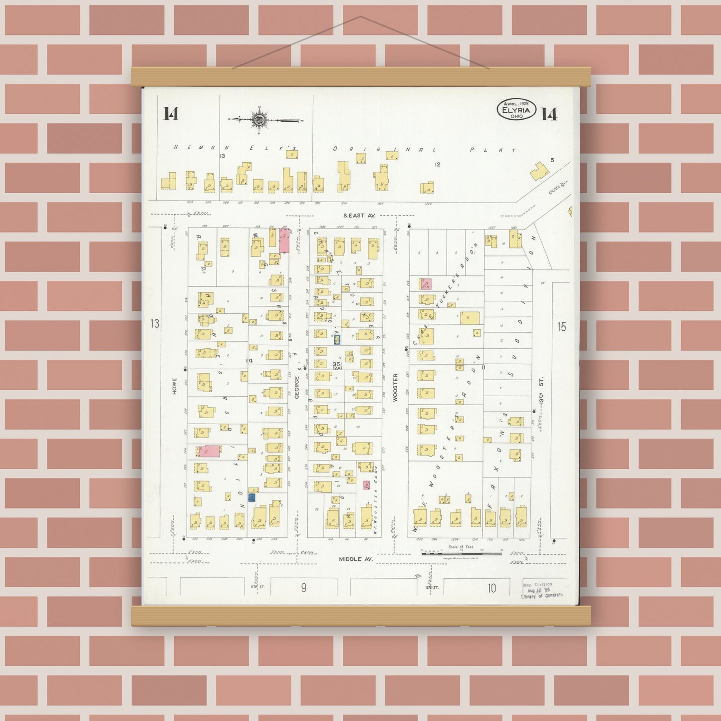 Old map wall art mockup — magnetic wood frame on brick wall — Sanborn Fire Insurance Map from Elyria, Lorain County, Ohio (1925), Sheet #0014