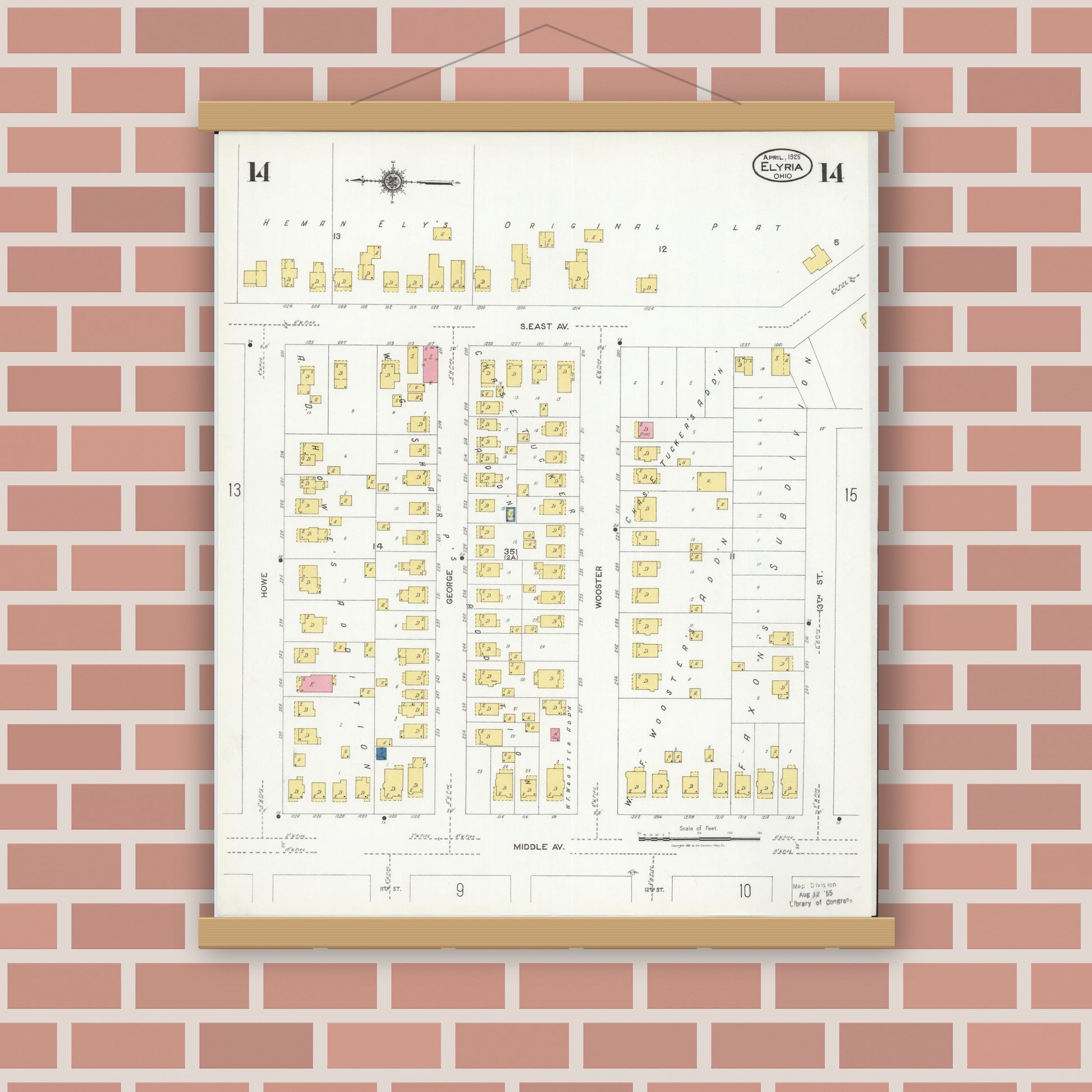Old map wall art mockup — magnetic wood frame on brick wall — Sanborn Fire Insurance Map from Elyria, Lorain County, Ohio (1925), Sheet #0014