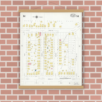 Old map wall art mockup — magnetic wood frame on brick wall — Sanborn Fire Insurance Map from Elyria, Lorain County, Ohio (1925), Sheet #0014