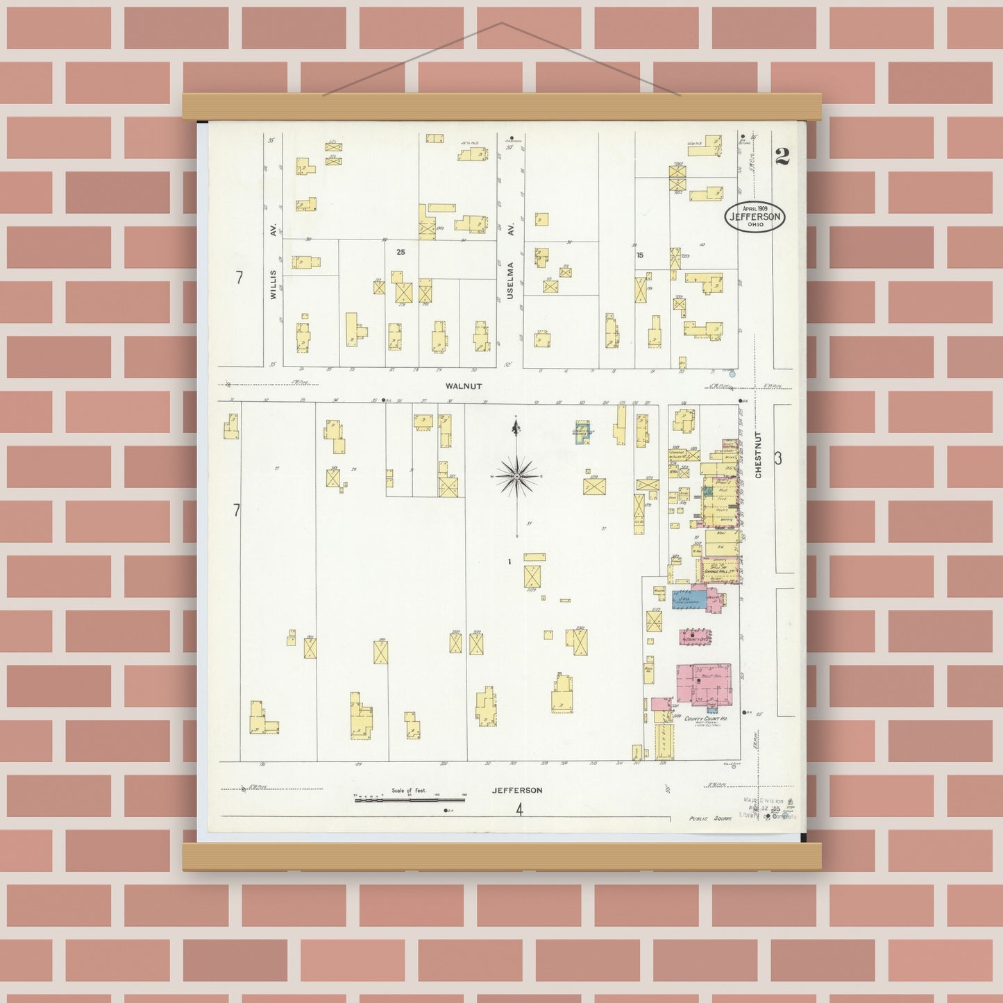 Old map wall art mockup — magnetic wood frame on brick wall — Sanborn Fire Insurance Map from Jefferson, Ashtabula County, Ohio (1909), Sheet #0002
