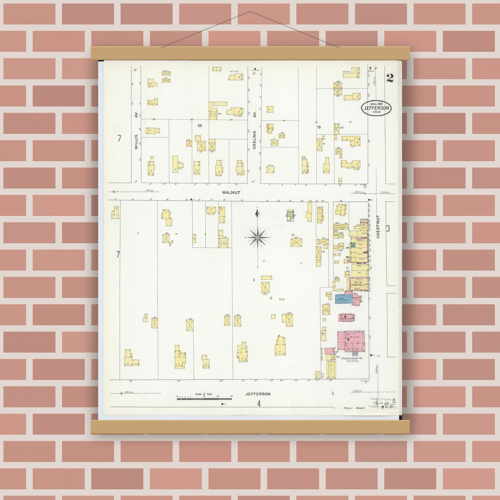 Old map wall art mockup — magnetic wood frame on brick wall — Sanborn Fire Insurance Map from Jefferson, Ashtabula County, Ohio (1909), Sheet #0002