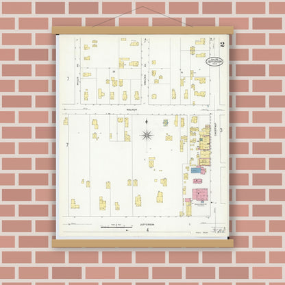 Old map wall art mockup — magnetic wood frame on brick wall — Sanborn Fire Insurance Map from Jefferson, Ashtabula County, Ohio (1909), Sheet #0002