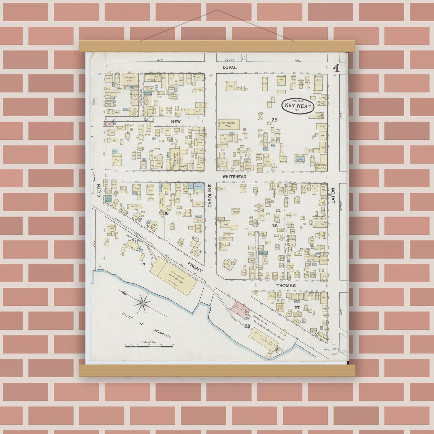 Old map wall art mockup — magnetic wood frame on brick wall — Sanborn Fire Insurance Map from Key West, Monroe County, Florida (1889), Sheet #0004