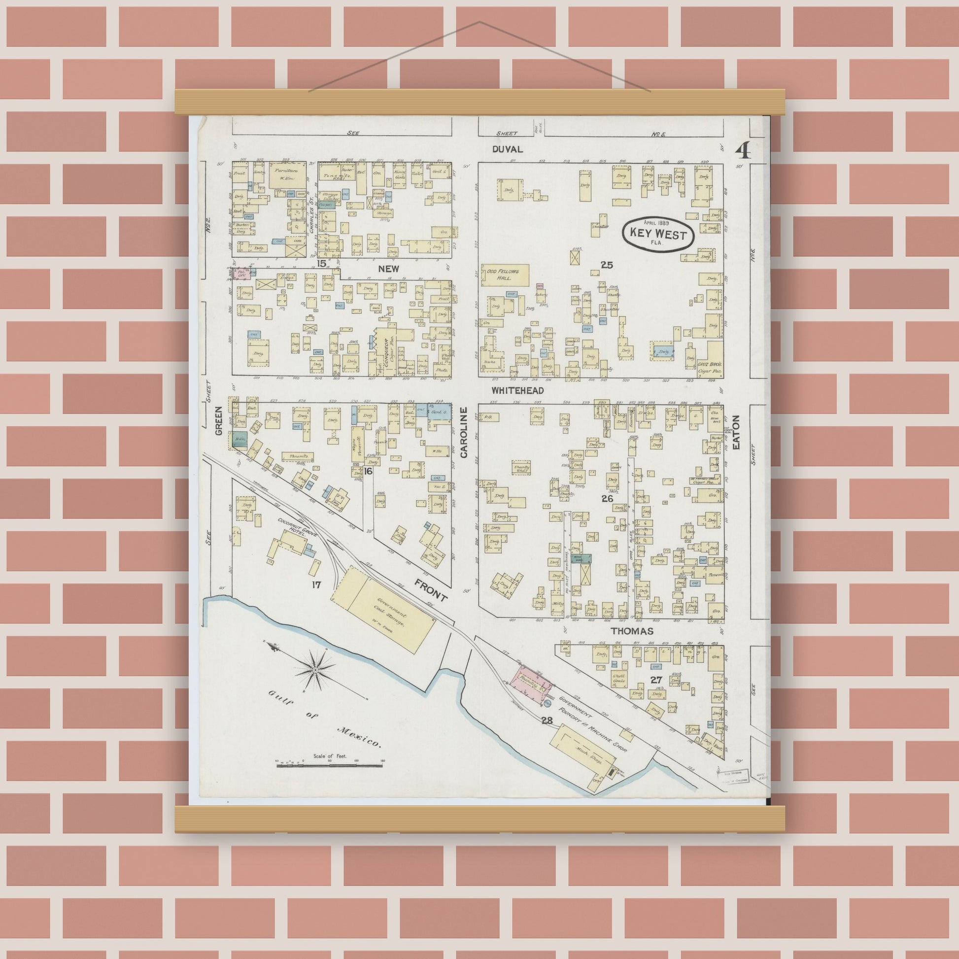 Old map wall art mockup — magnetic wood frame on brick wall — Sanborn Fire Insurance Map from Key West, Monroe County, Florida (1889), Sheet #0004
