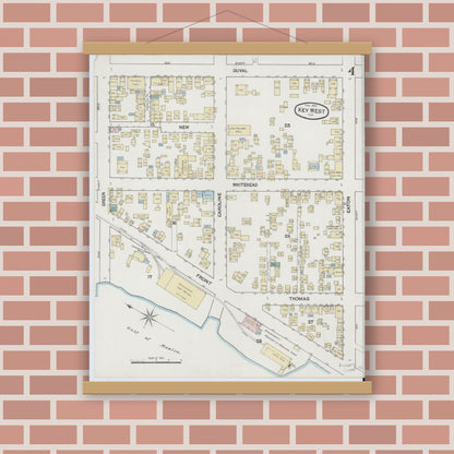 Old map wall art mockup — magnetic wood frame on brick wall — Sanborn Fire Insurance Map from Key West, Monroe County, Florida (1889), Sheet #0004