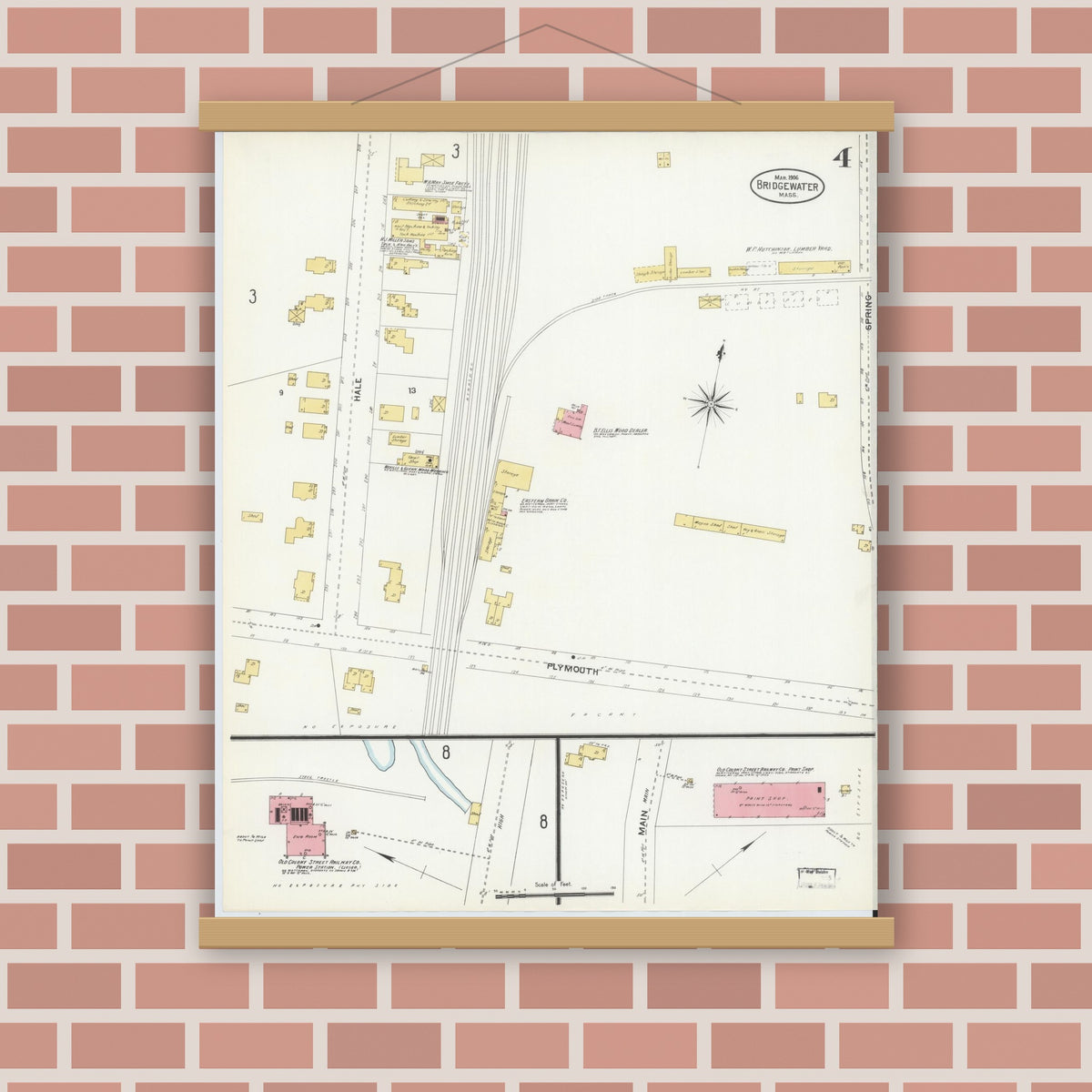Old map wall art mockup — magnetic wood frame on brick wall — Sanborn Fire Insurance Map from Bridgewater, Plymouth County, Massachusetts (1906), Sheet #0004
