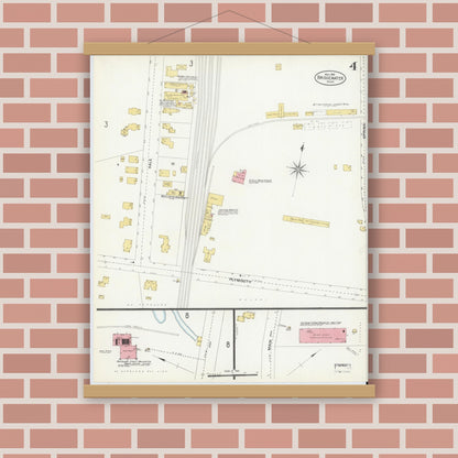 Old map wall art mockup — magnetic wood frame on brick wall — Sanborn Fire Insurance Map from Bridgewater, Plymouth County, Massachusetts (1906), Sheet #0004