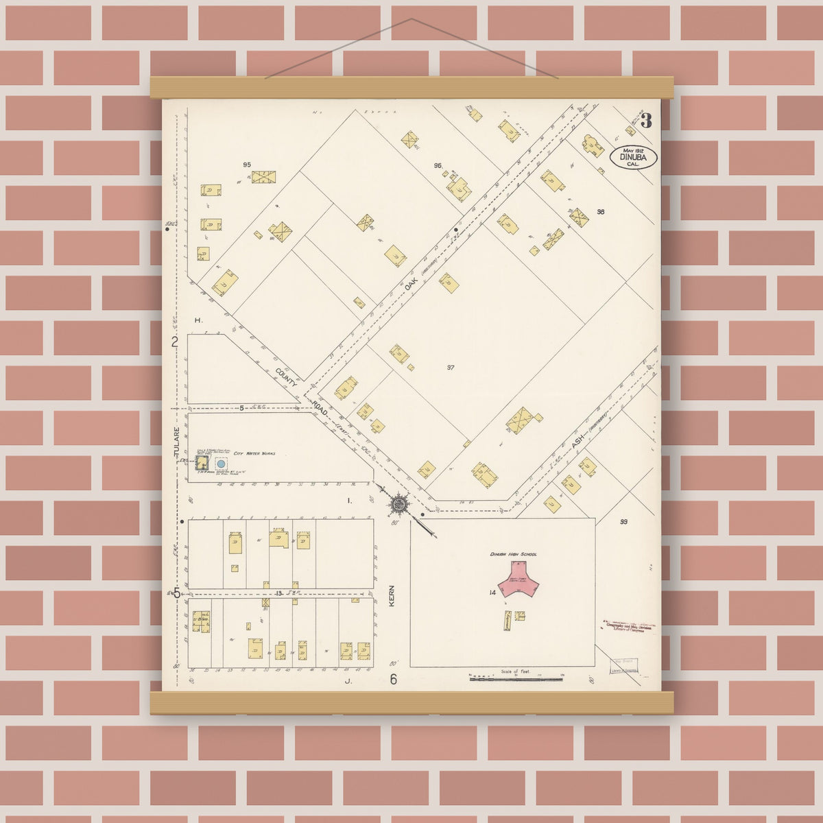 Old map wall art mockup — magnetic wood frame on brick wall — Sanborn Fire Insurance Map from Dinuba, Tulare County, California (1912), Sheet #0003