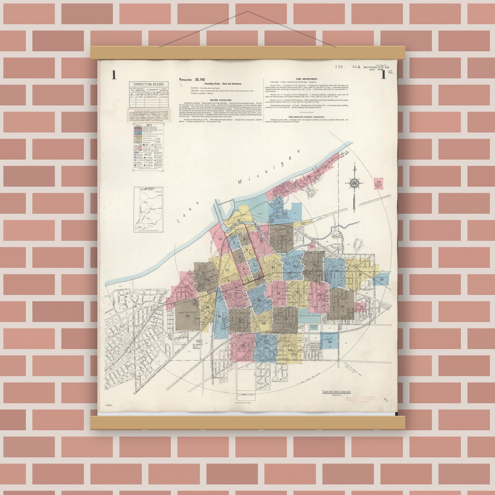 Old map wall art mockup — magnetic wood frame on brick wall — Sanborn Fire Insurance Map from Michigan City, La Porte County, Indiana (1948) - Complete Map Set