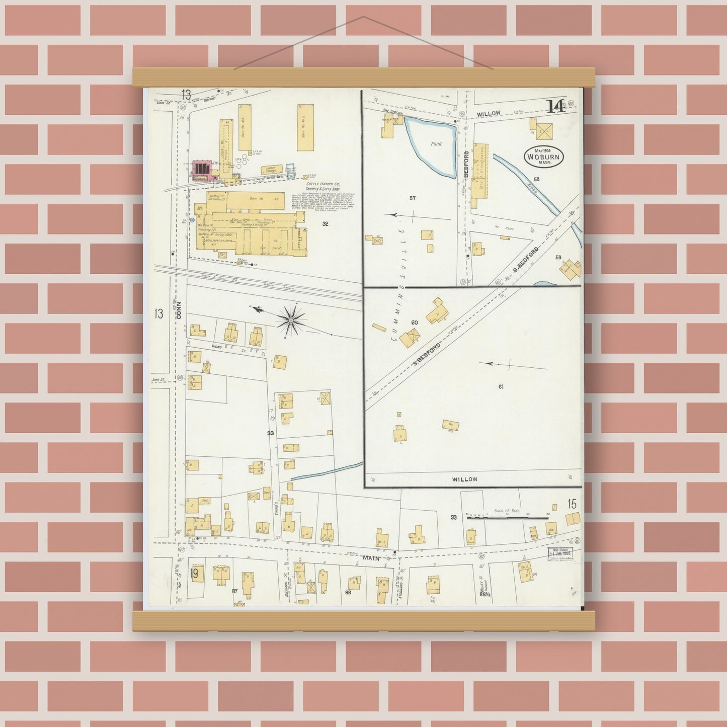 Old map wall art mockup — magnetic wood frame on brick wall — Sanborn Fire Insurance Map from Woburn, Middlesex County, Massachusetts (1904), Sheet #0014