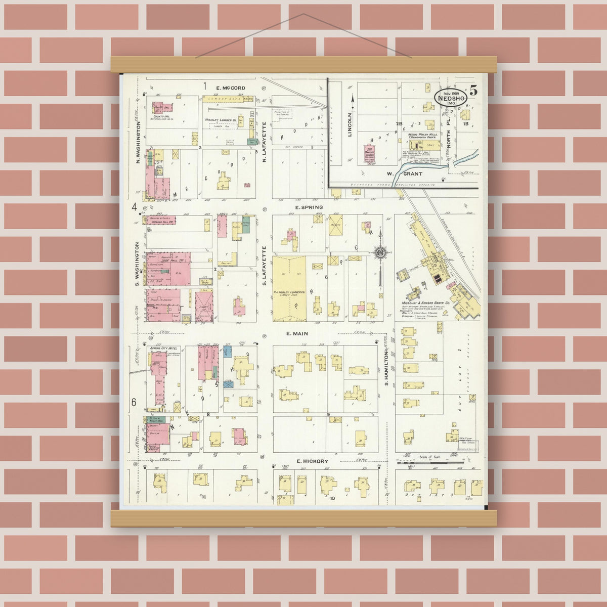 Old map wall art mockup — magnetic wood frame on brick wall — Sanborn Fire Insurance Map from Neosho, Newton County, Missouri (1909), Sheet #0005